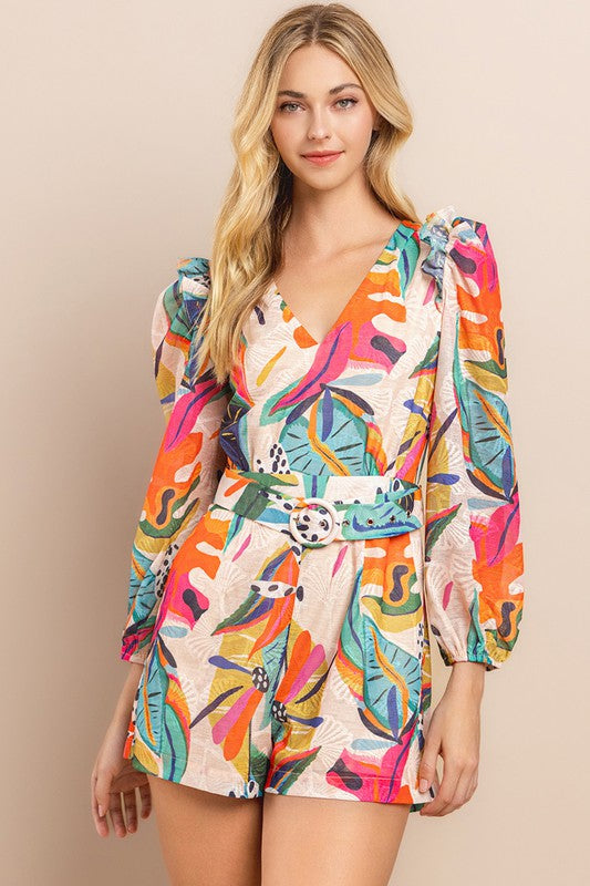 Long Sleeve Belted Bright Floral Romper To The Nines Long Sleeve Belted Bright Floral Romper To The Nines
