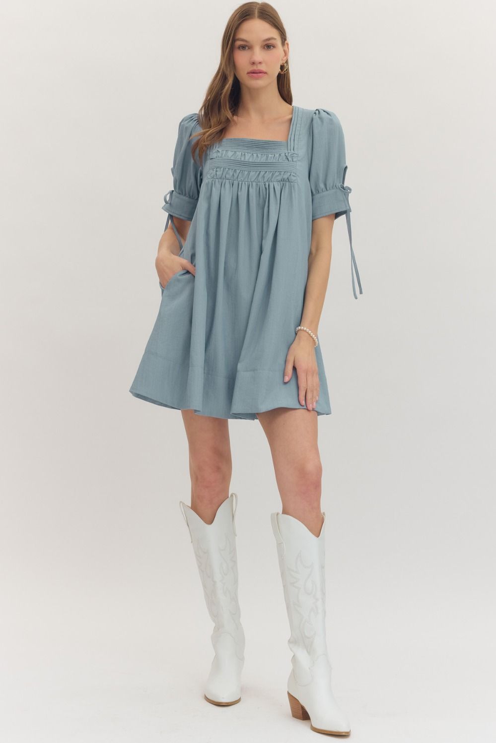 mini dress country Country Blue Square Pleated Neck Mini Dress – To The Nines