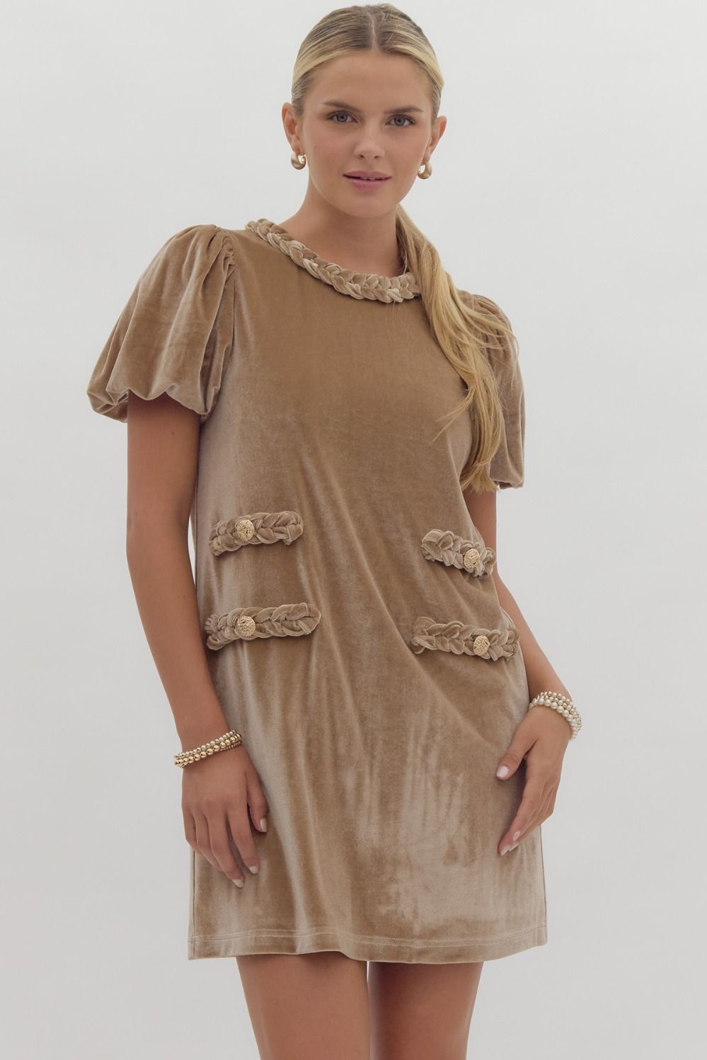 Puff Sleeve Velvet Mini Dress with Braided Neck and Pocket Detail To The Nines Puff Sleeve Velvet Mini Dress with Braided Neck and Pocket Detail To The Nines