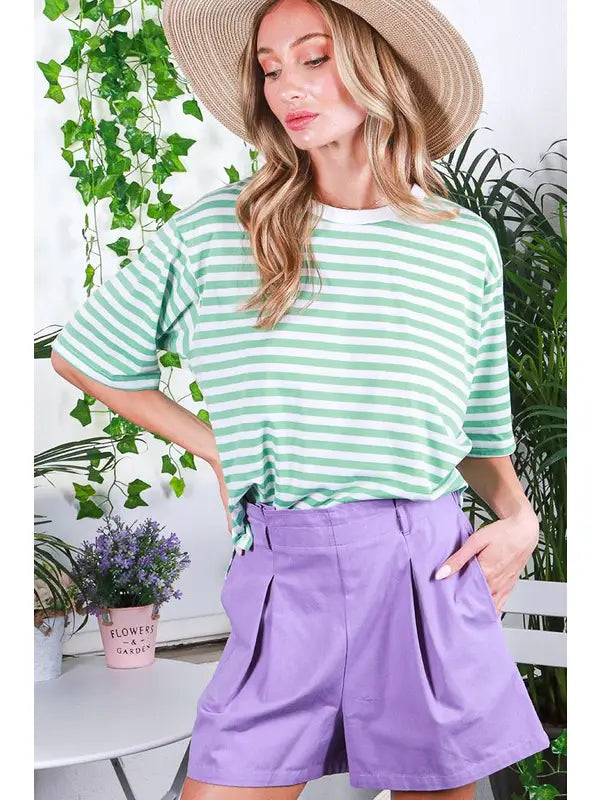 Everyday Crew Neck Short Sleeve Striped Knit T-Shirt Top -* available in Chocolate, Green, Red, Blue