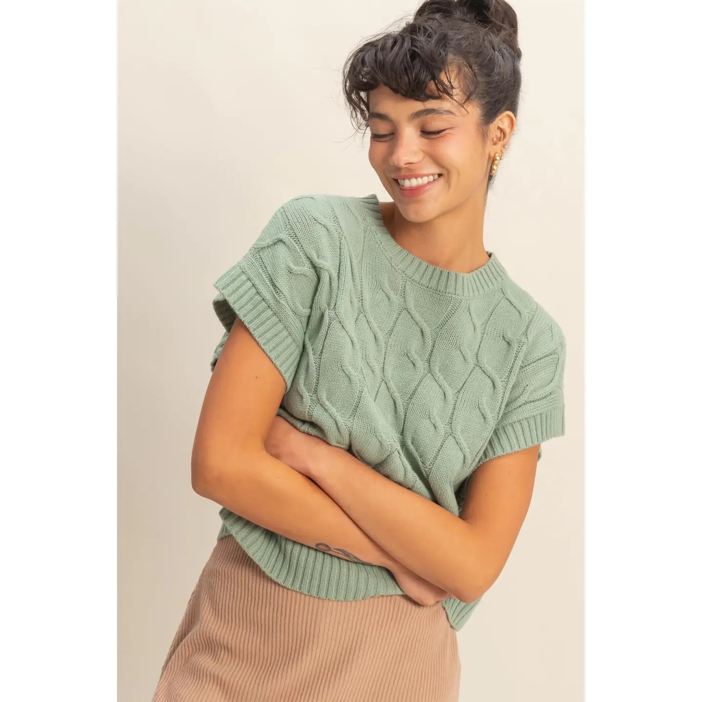 Sleeveless Oversized Cable knit Sweater Vest Sage or Cream – To