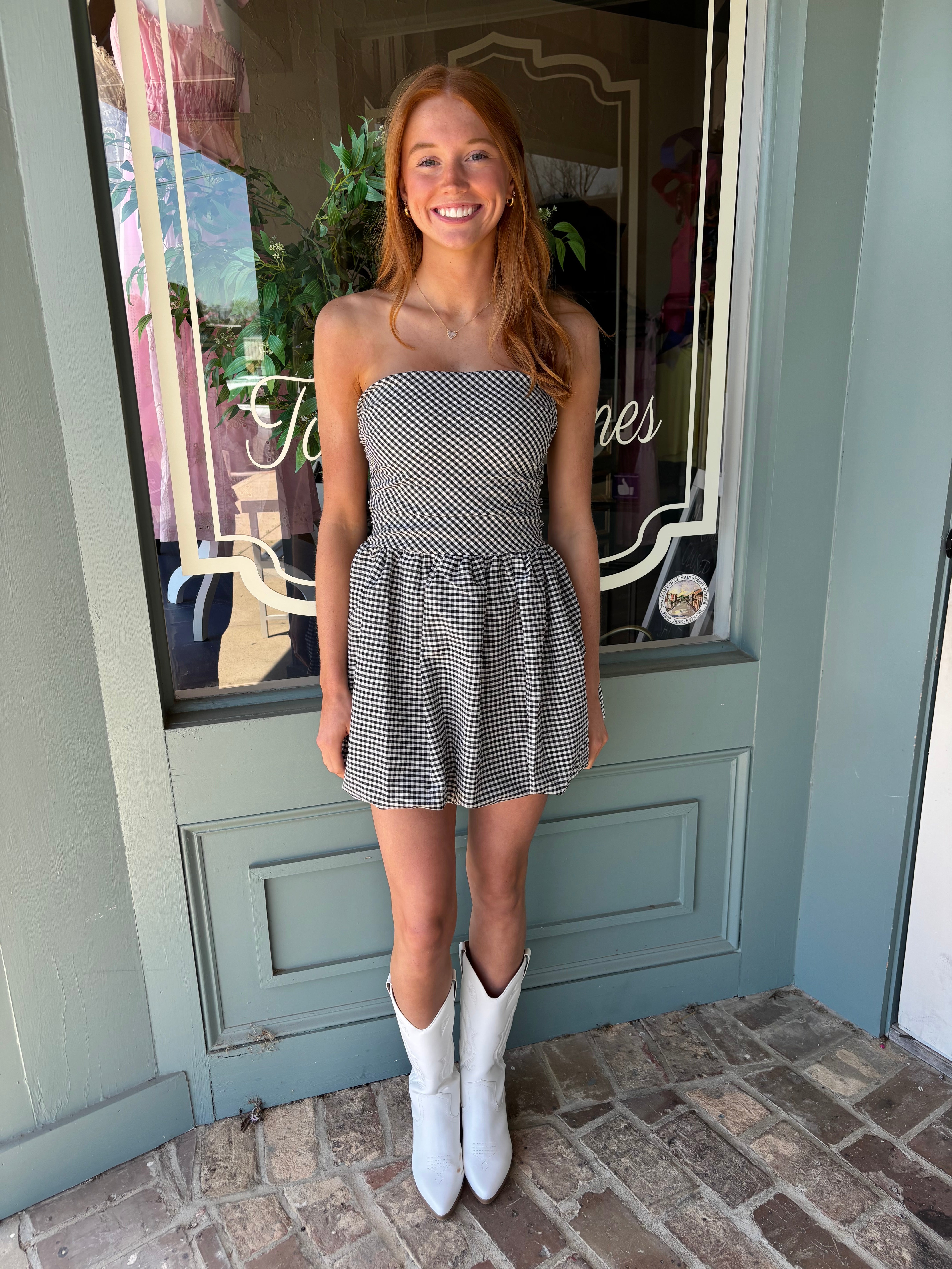 Black and White Gingham Strapless Bubble Mini Dress with Tie Back To The Nines Black and White Gingham Strapless Bubble Mini Dress with Tie Back To The Nines