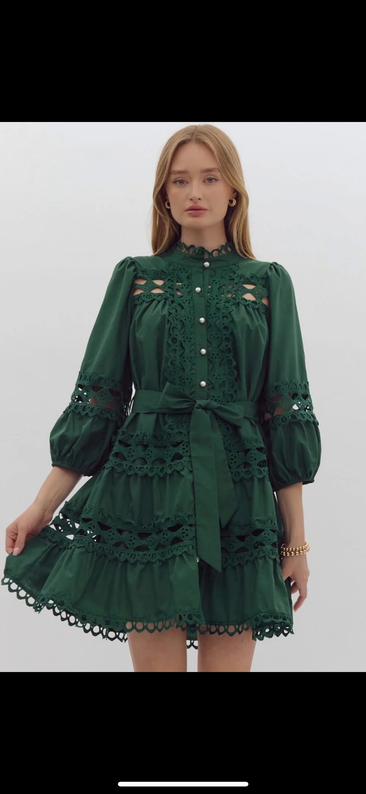 Hunter Green Pearl Button Down Mini Dress with Gorgeous Lace Detail To The Nines Hunter Green Pearl Button Down Mini Dress with Gorgeous Lace Detail To The Nines
