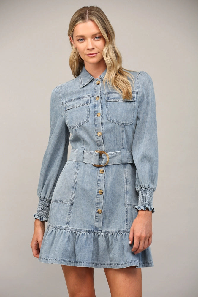 FATE Belted Long Sleeve Washed Denim Mini – To The Nines