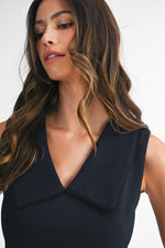 Presley Sleeveless V Neck Collar Pleated Mini Dress- Navy