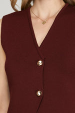 Maroon Heavy Knit Sweater Vest with Gold Button Detail