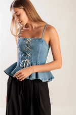 Denim Lace Up Peplum Top