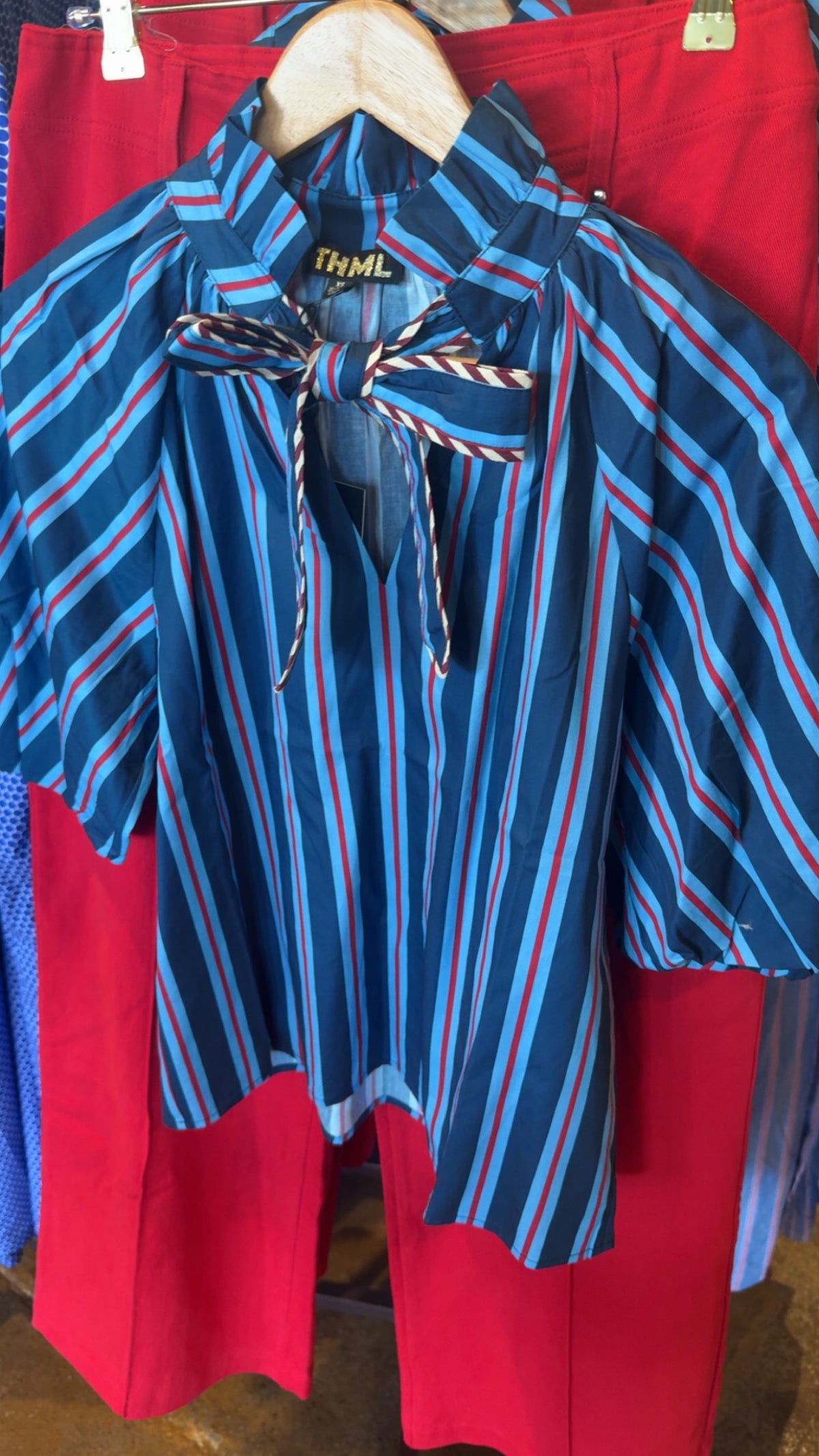 THML Blue/Red Striped Top with Bow Tie Neck