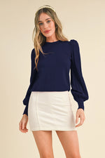 Stripe Texture Puff Sleeve Sweater- Navy