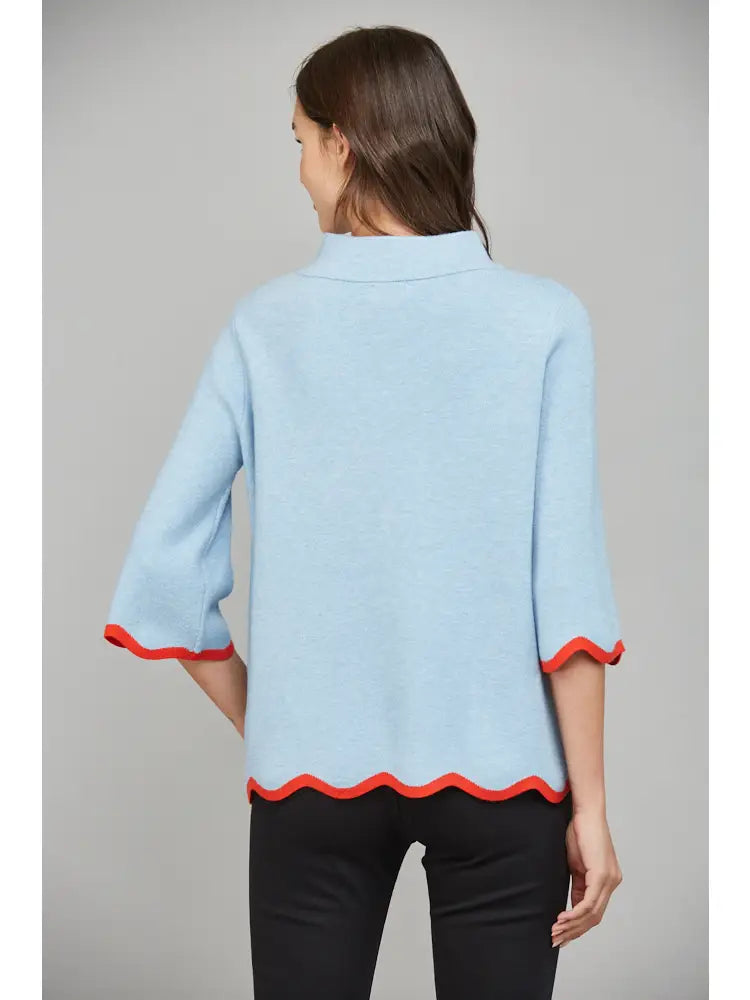 Ava Sky Blue Mock Neck Sweater with Tomato Red Scallop Trim by FATE