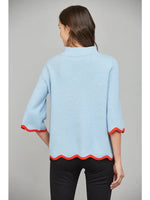 Ava Sky Blue Mock Neck Sweater with Tomato Red Scallop Trim by FATE