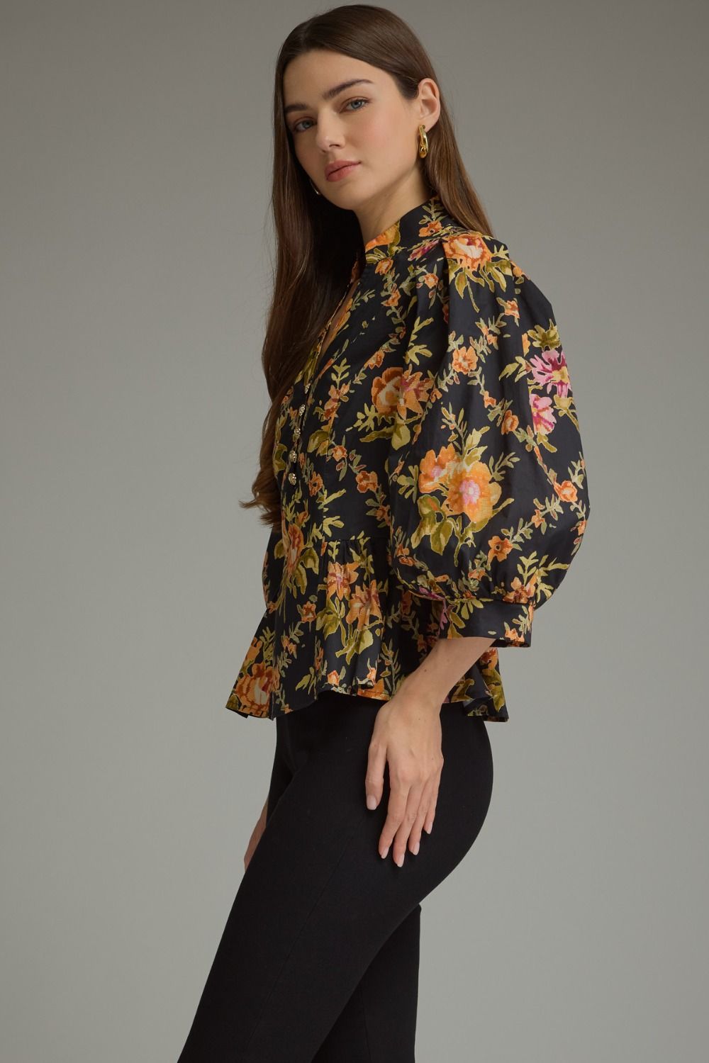 Black Floral Peplum w W Gold Button Detail