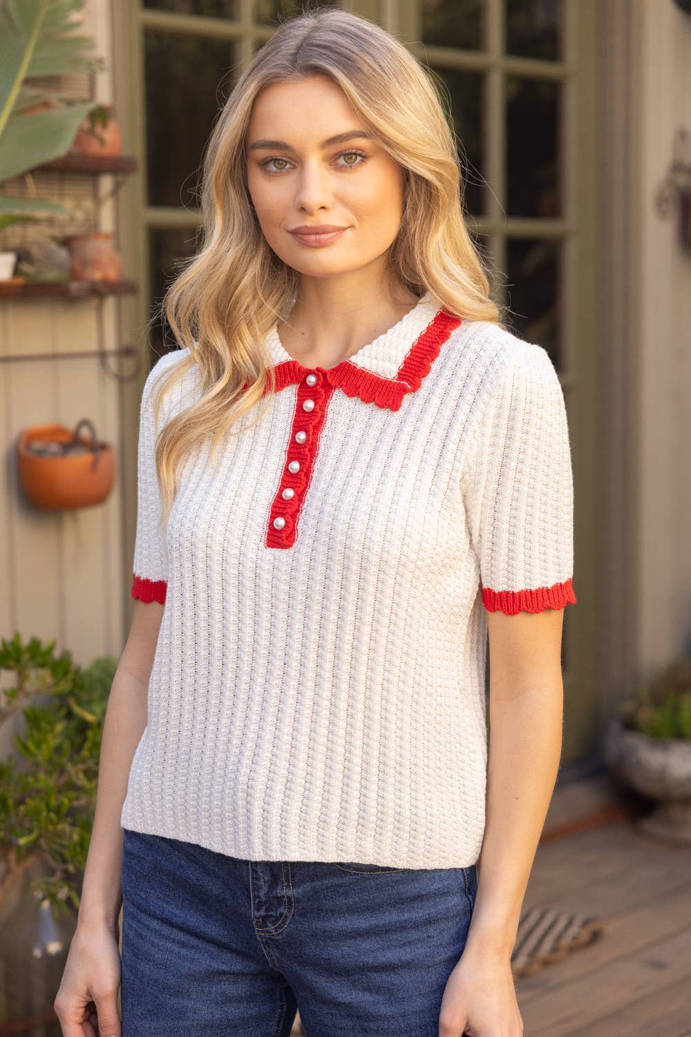 Nina Pearl Accent Button Scalloped Knit Top with Red Contrast