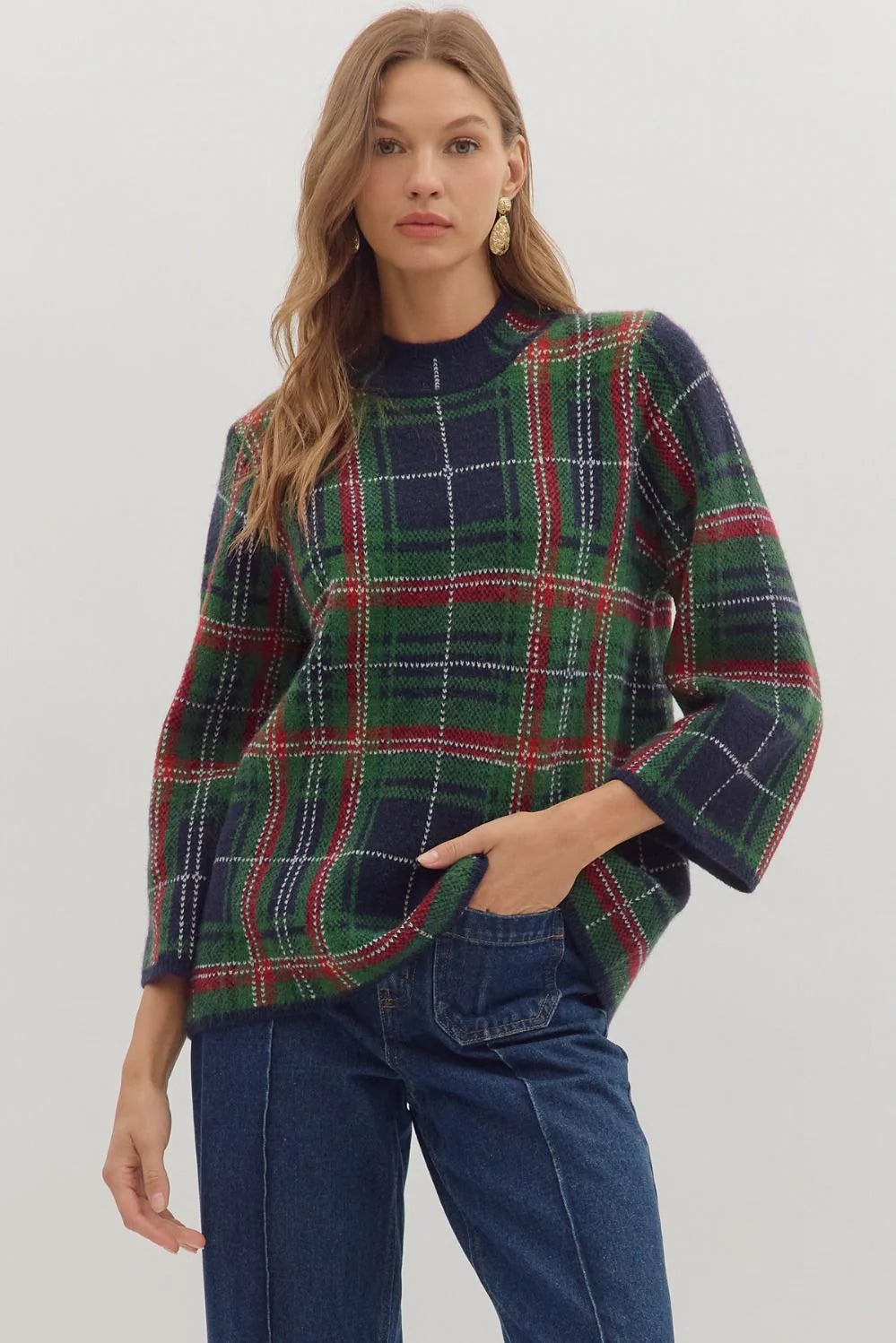 Navy Plaid Mock Neck Sweater