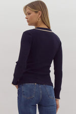 Navy Ribbed Top with Tan Contrast Collar and Half Button Detail