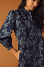 DENIM FLORAL JACQUARD DRESS WITH NECK TIE