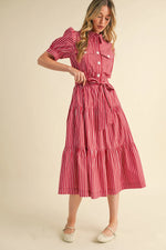 Venice Red Striped Button Down Midi Dress with Tie Waist