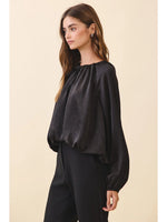 Zayba Printed Satin Relaxed Fit Bubble Hem Blouse- Black