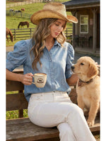 Collared Puff-Sleeve Chambray - Light Denim