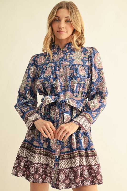 Blue/Mauve Floral Tie Waist Mini Dress