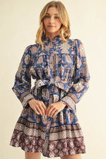 Blue/Mauve Floral Tie Waist Mini Dress