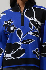 Carrey Floral Zip Up Sweater- Cobalt