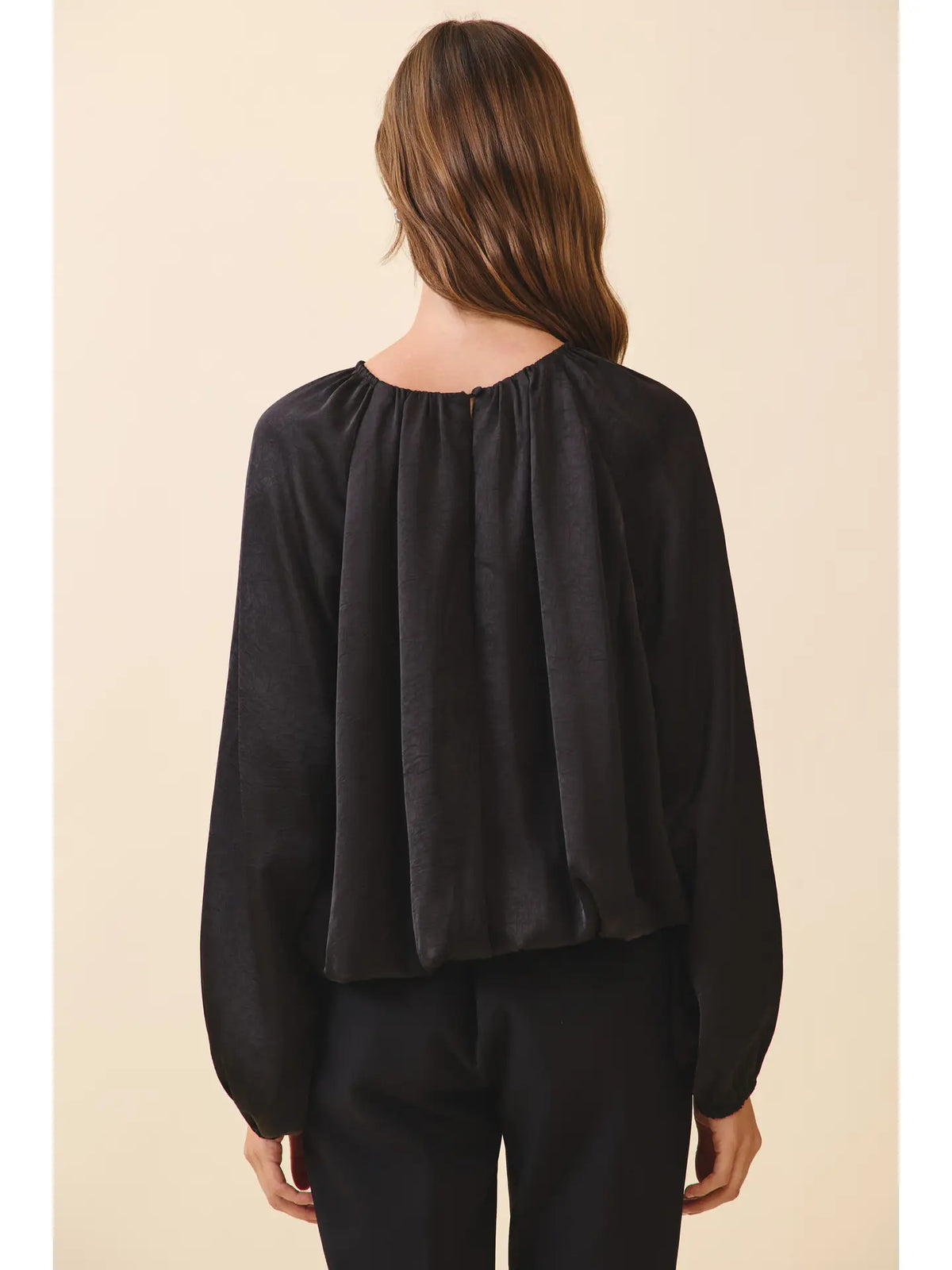 Zayba Printed Satin Relaxed Fit Bubble Hem Blouse- Black
