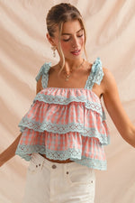 Light Blue and Blush Gingham Lace Tiered Top with Shoulder Ties