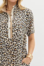 Leopard Pullover Mini Dress with Contrast Button Collar