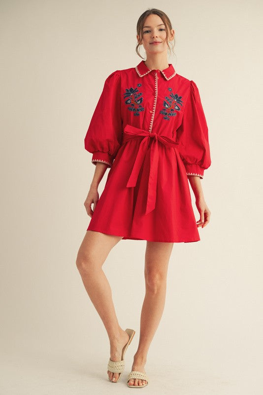 Calla Red Button Down Dress featuring Navy Floral Embroidery and Self Tie Waist