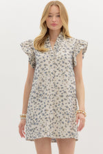 Metallic Textured Pattern Button Front Mini Dress featuring Ruffle Neck and Shoulder with Side Pockets ** available in Lemon Gold Or Navy Gold