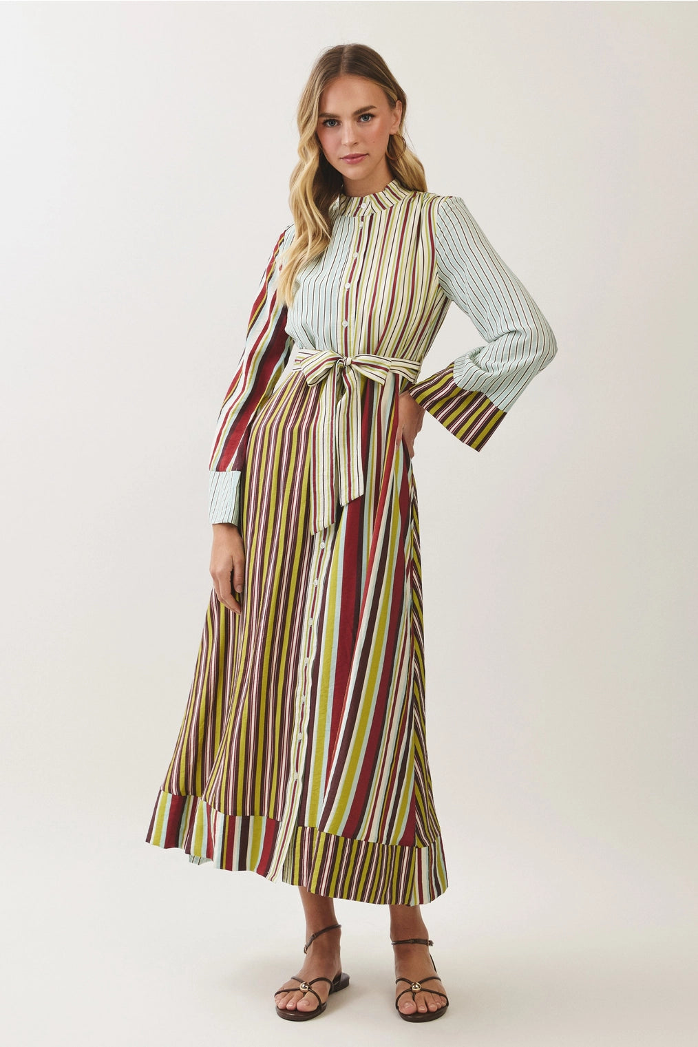 Sara Striped Tie Waist Button Down Maxi Dress- Burgundy/Olive