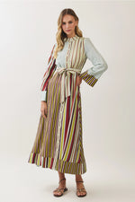 Sara Striped Tie Waist Button Down Maxi Dress- Burgundy/Olive