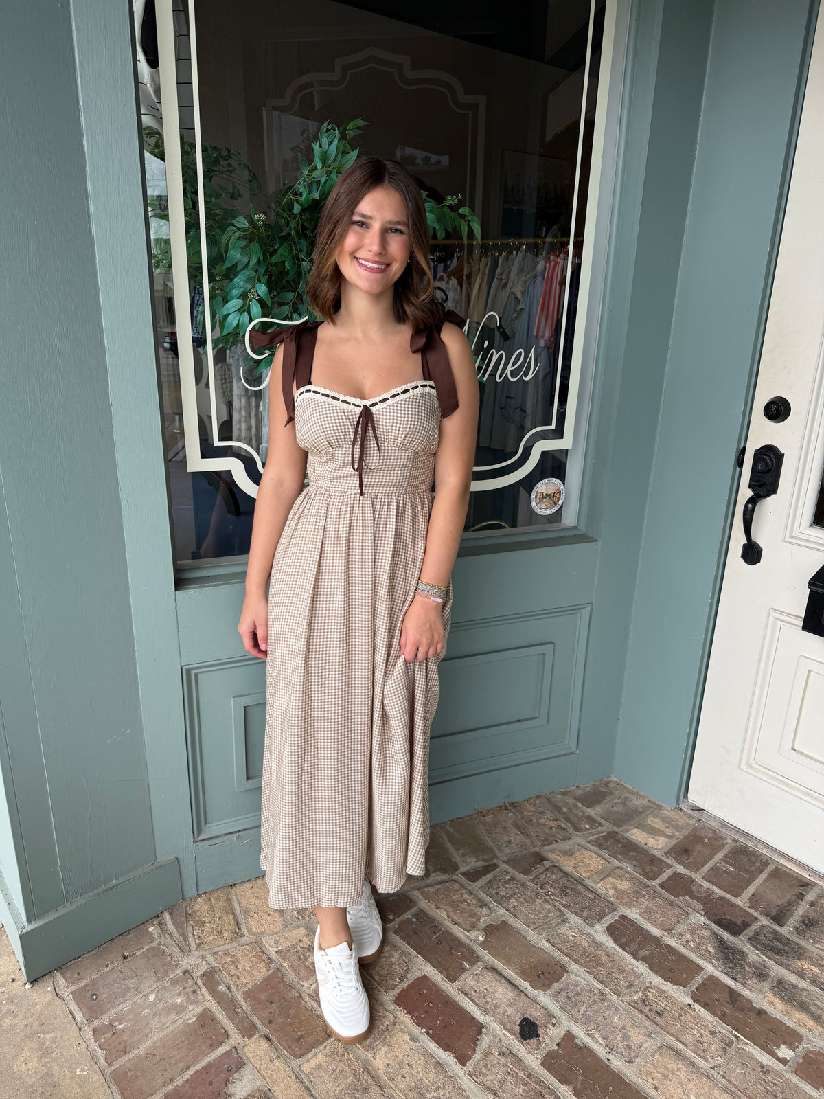 CHOCOLATE GINGHAM MIDI W/ RIBBON TIE SHOULDERS