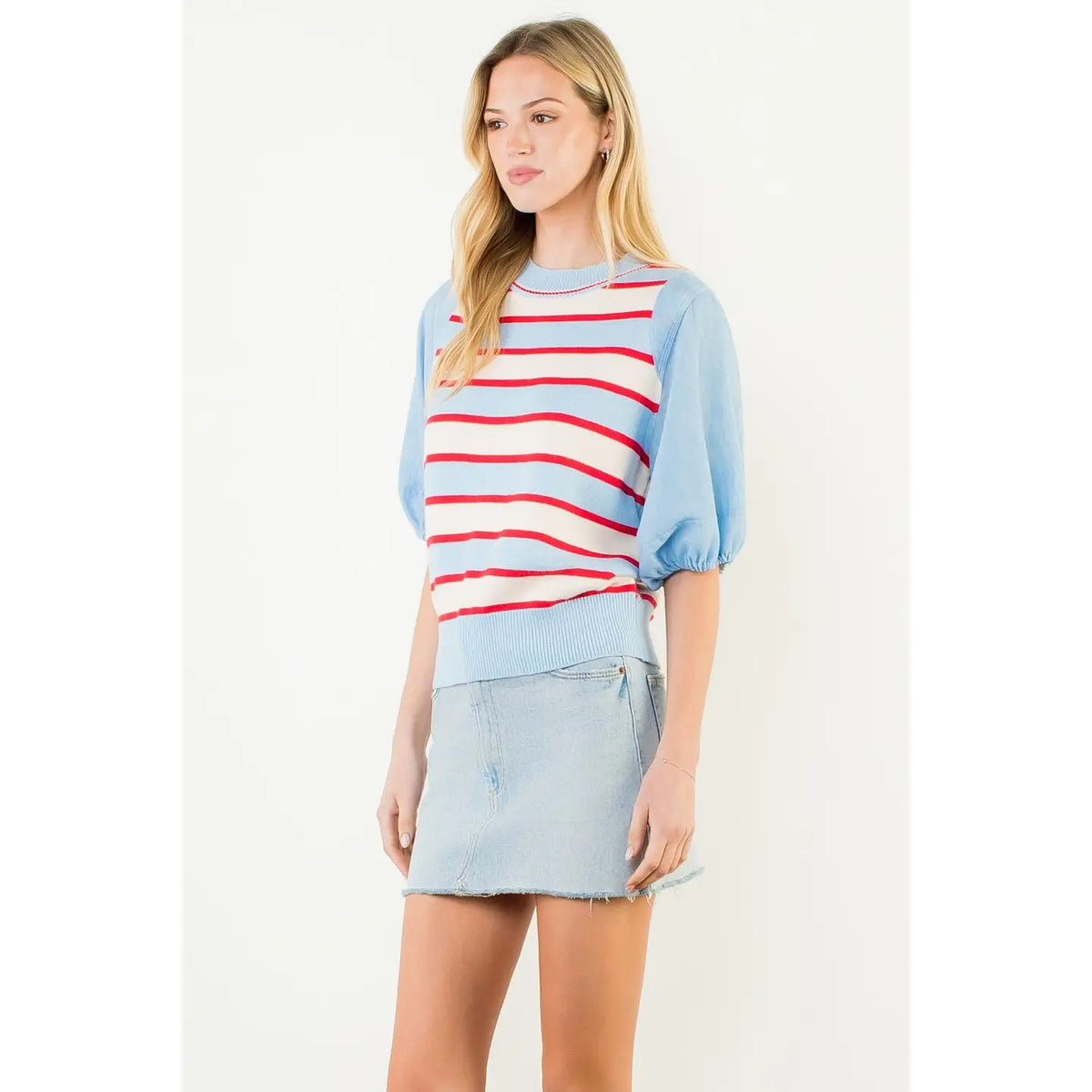 Preppy Puff Sleeve Stripe Knit Top by THML