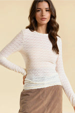 See Through Textured Stretch Knit Top- Cream