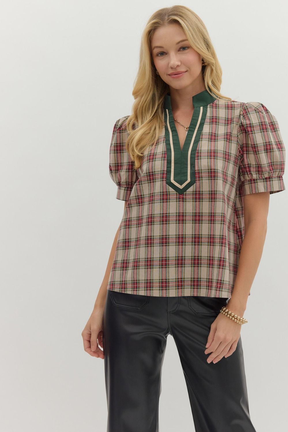 Taupe Hunter Plaid Top with Contrast Trim