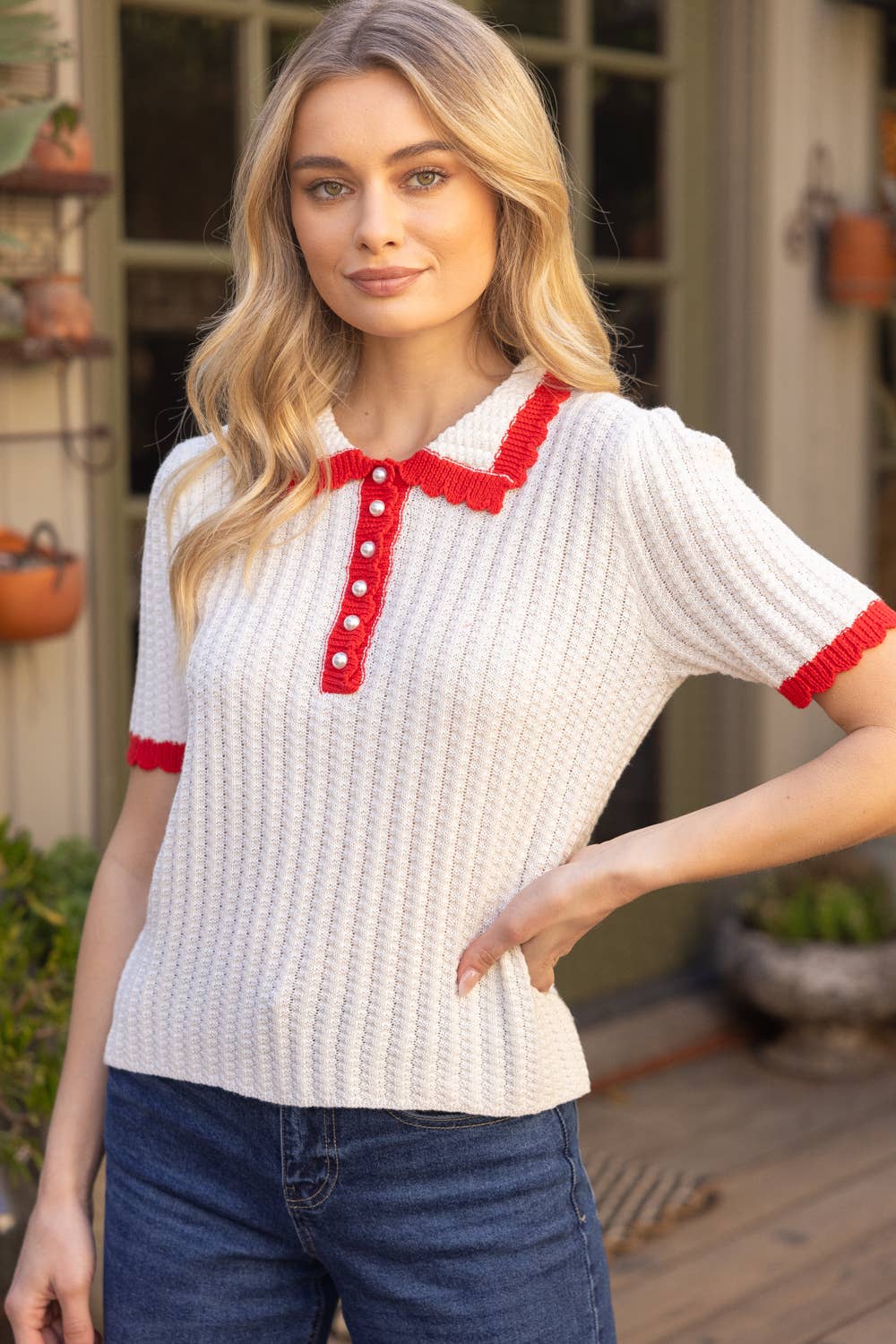 Nina Pearl Accent Button Scalloped Knit Top with Red Contrast