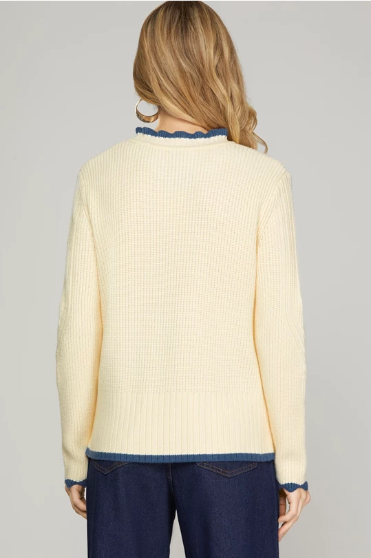 Cream Sweater with Blue Trim Neck Contrast