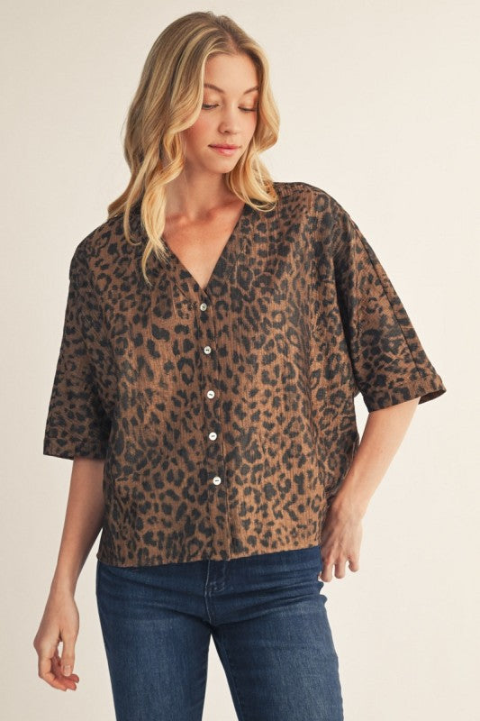 Leopard V Neck Button Front Top