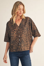 Leopard V Neck Button Front Top