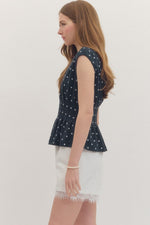 Blaine Polka Dot Peplum Top- Navy