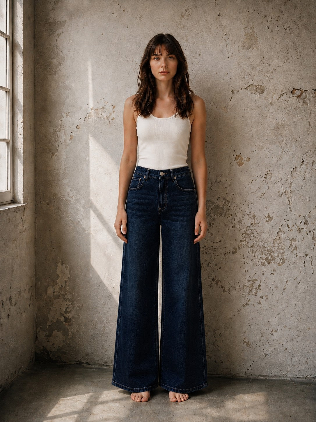 Wide Leg Full Length Vintage Wash Denim- Dark