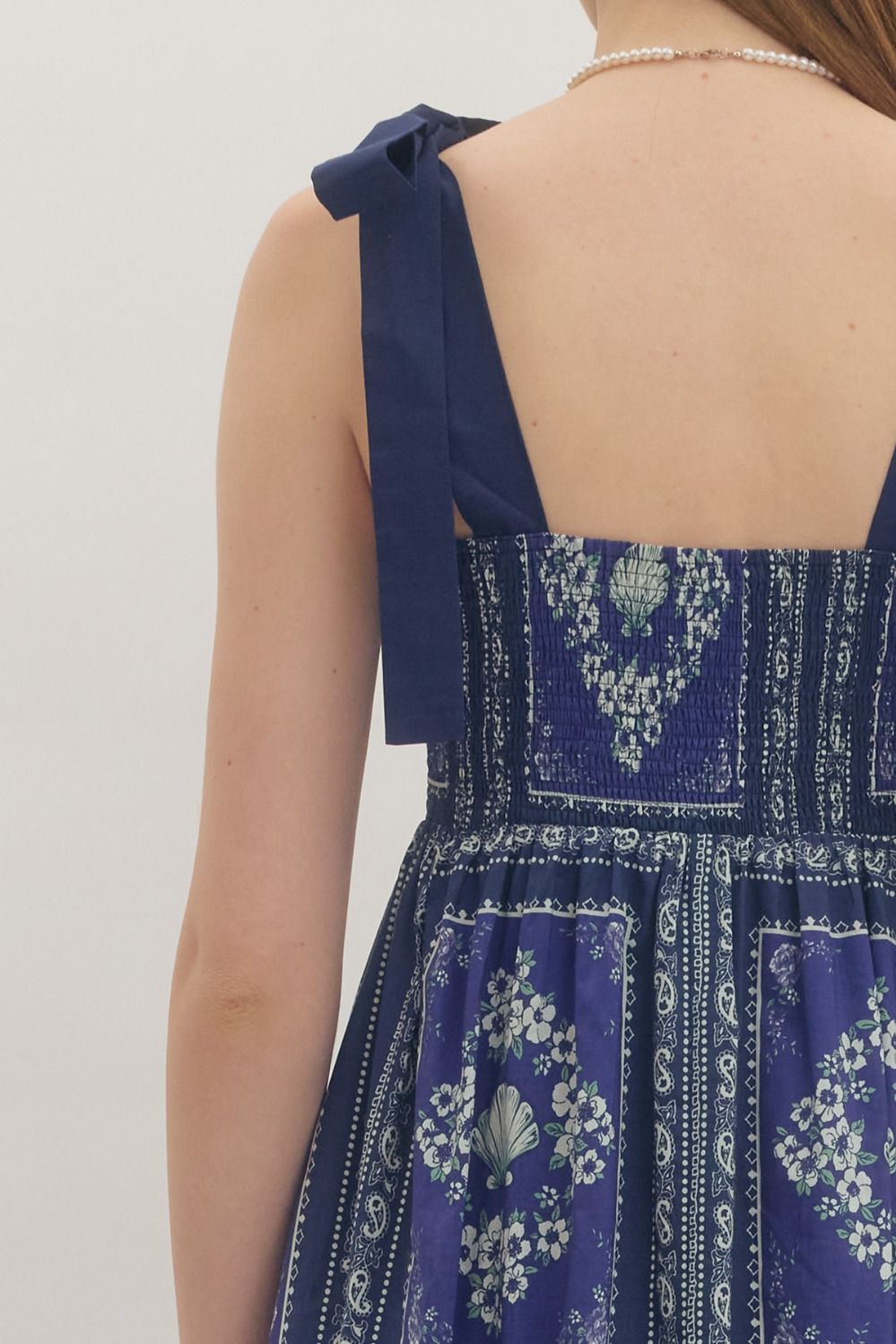 Camden Navy Printed Midi with Square Neckline and Raffia Detail Buttons