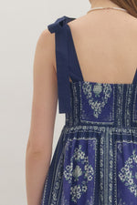Camden Navy Printed Midi with Square Neckline and Raffia Detail Buttons