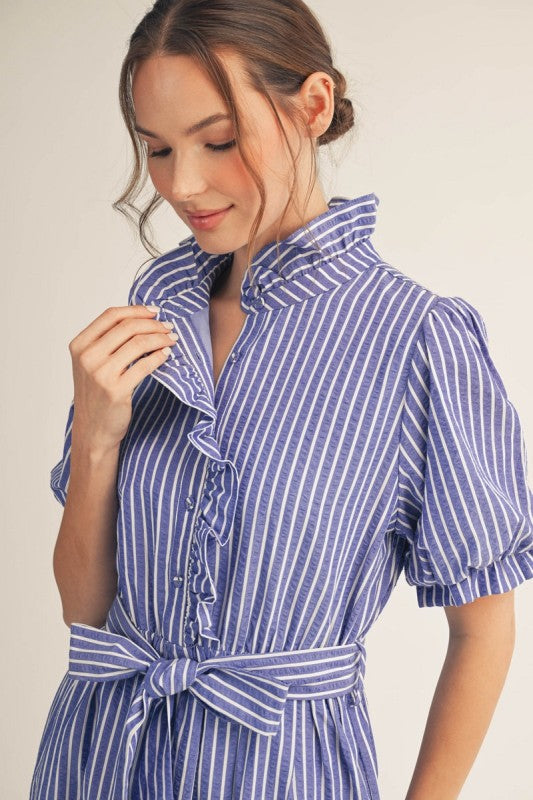 Seaside Ruffle Detail Tiered Striped Midi Dress /Blue/White