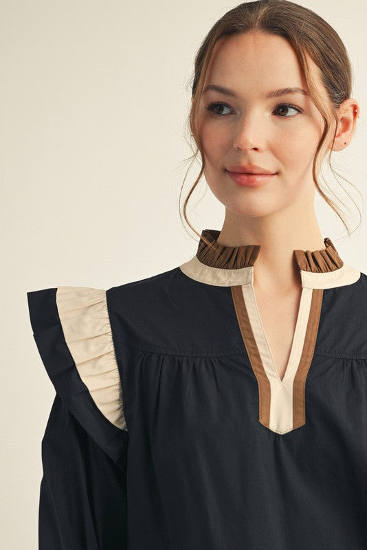Ruffle Shoulder Accent Color Block Top