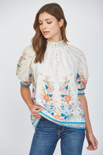 Border Print Smocked High Neck Blouse by Fate
