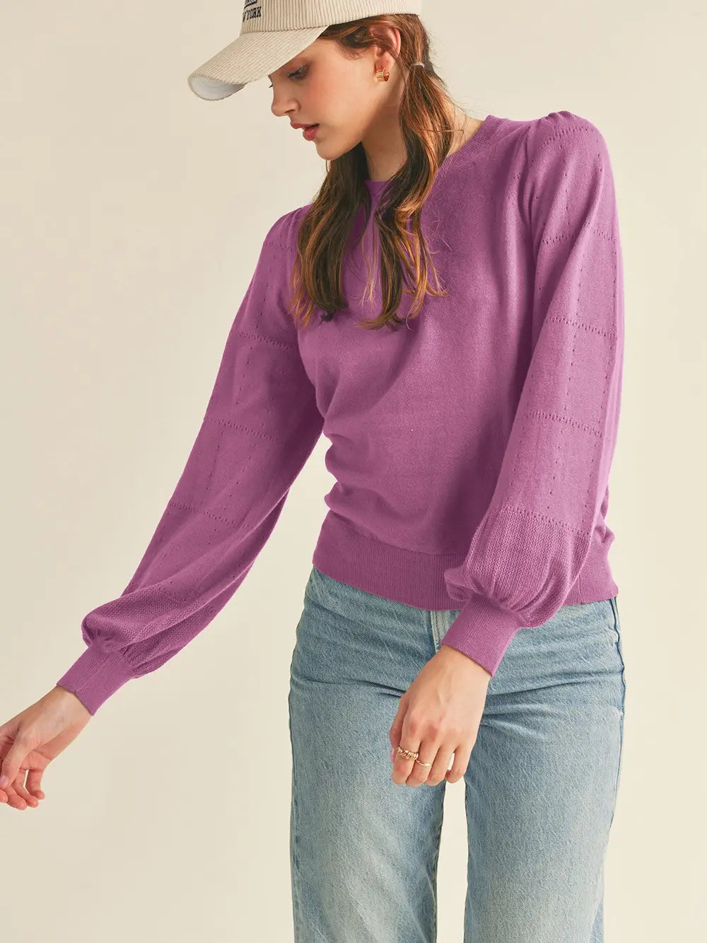 Pointelle Puff Sleeve Sweater -Mulberry