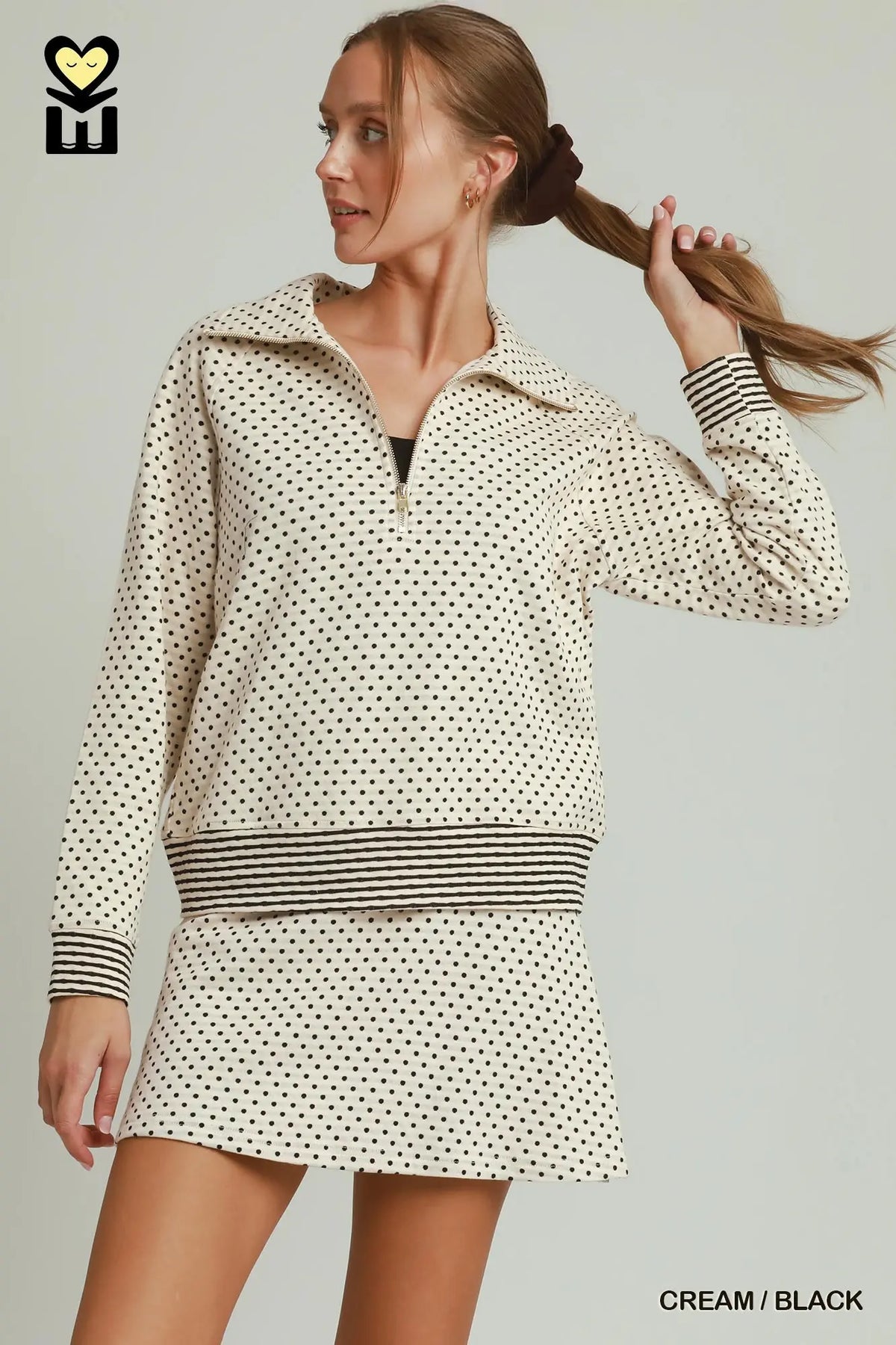 Polka Dot Half Zip Pullover and Skirt SET - Cream/Black